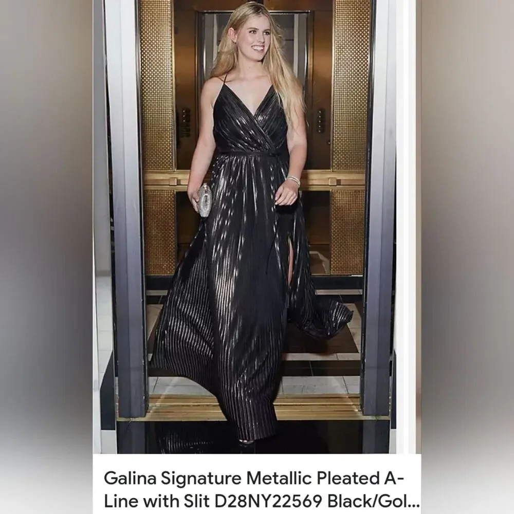 Galina Signature Sz 4 Metallic pleated a-line/slit bridesmaid formal dress prom